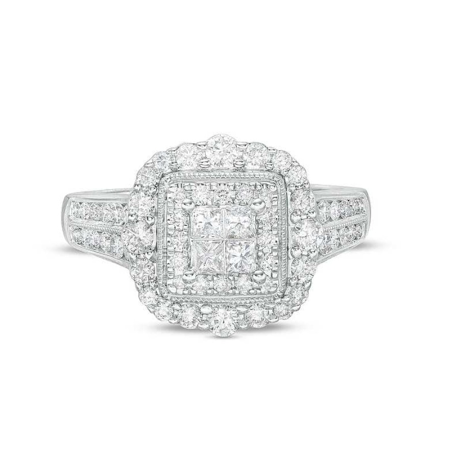 Rings Zales | 1 Ct. T.W. Quad Princess-Cut Diamond Double Frame Vintage-Style Engagement Ring In 14K White Gold (I/I2)