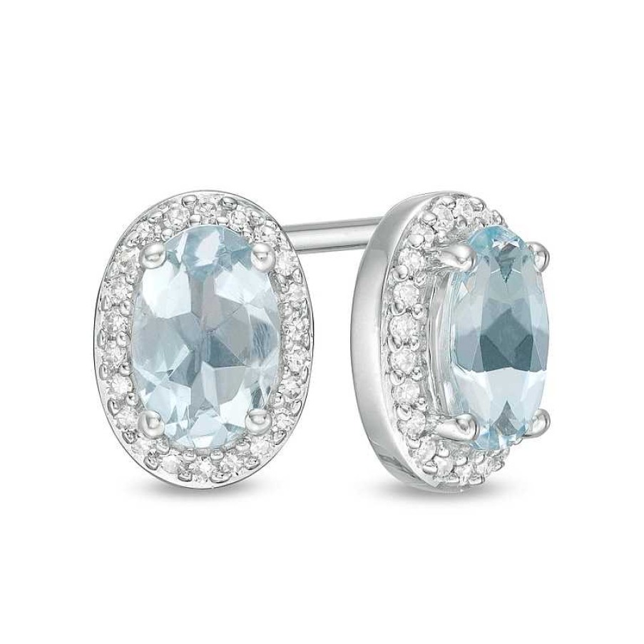 Earrings Zales | Oval Aquamarine And 1/10 Ct. T.W. Diamond Frame Stud Earrings In 10K White Gold