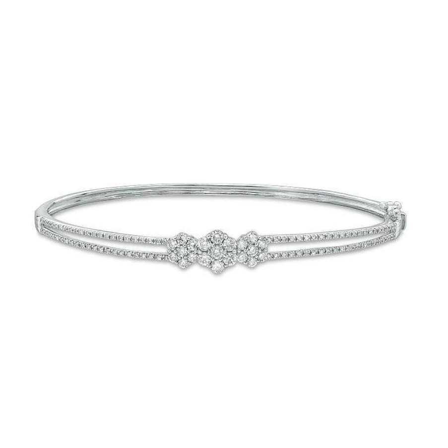 Bracelets Zales | 1 Ct. T.W. Hexagon Multi-Diamond Three Stone Bangle In 10K White Gold