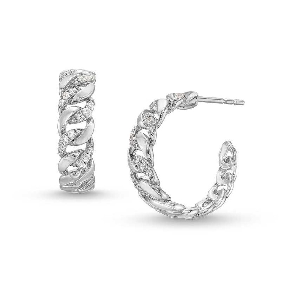 Earrings Zales | 1/4 Ct. T.W. Diamond Alternating Curb Chain Link J-Hoop Earrings In Sterling Silver