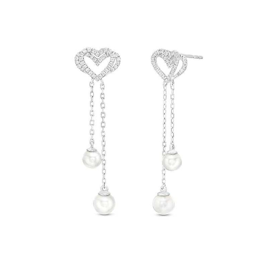 Earrings Zales | The Kindred Heart From Vera Wang Love Collection Cultured Freshwater Pearl And Diamond Drop Earrings In Sterling Silver