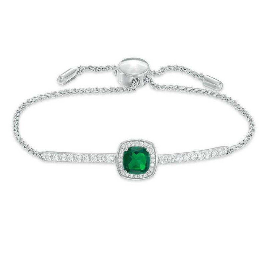 Bracelets Zales | 7.0Mm Cushion-Cut Green Quartz Doublet And Lab-Created White Sapphire Frame Bolo Bracelet In Sterling Silver - 9.0"