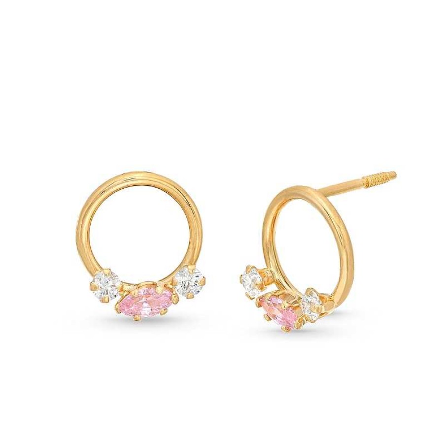 Earrings Zales | Child'S Marquise Pink Cubic Zirconia Hoop Earrings In 14K Gold