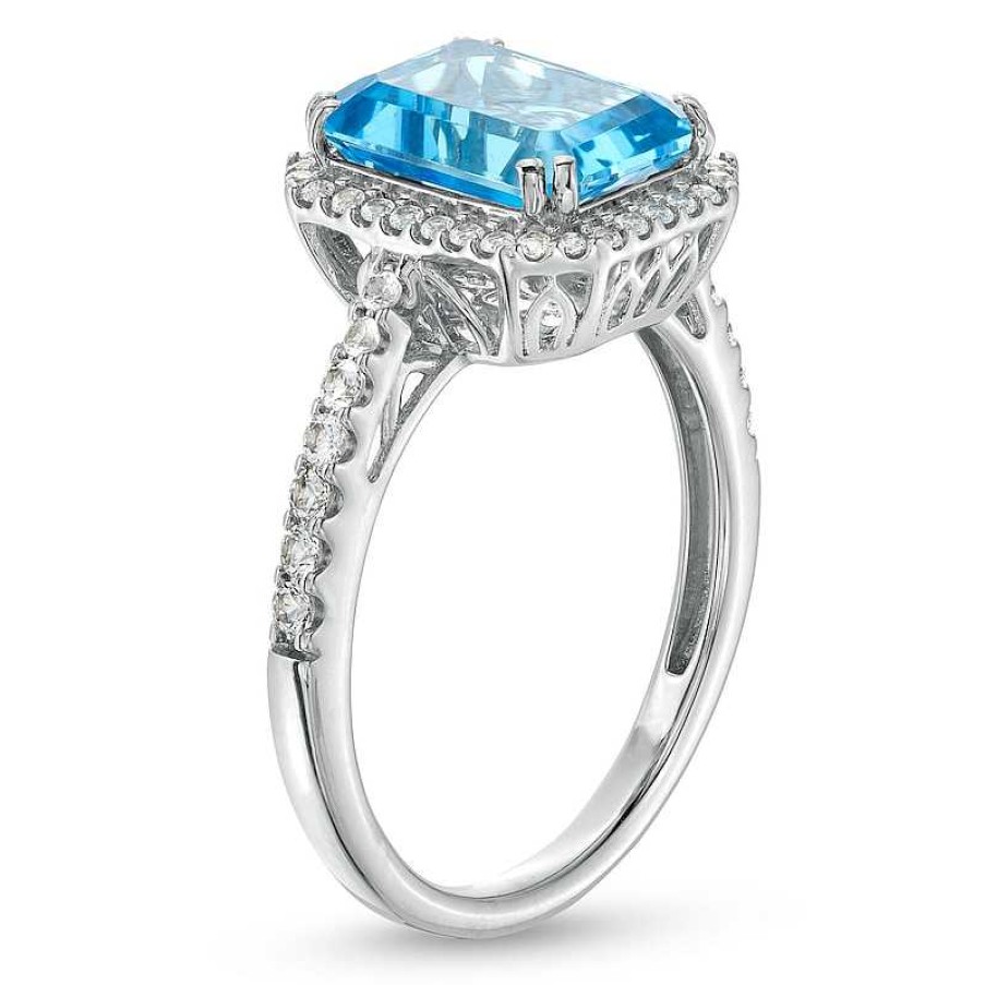 Rings Zales | Emerald-Cut Swiss Blue Topaz And White Lab-Created Sapphire Octagon Frame Ring In Sterling Silver