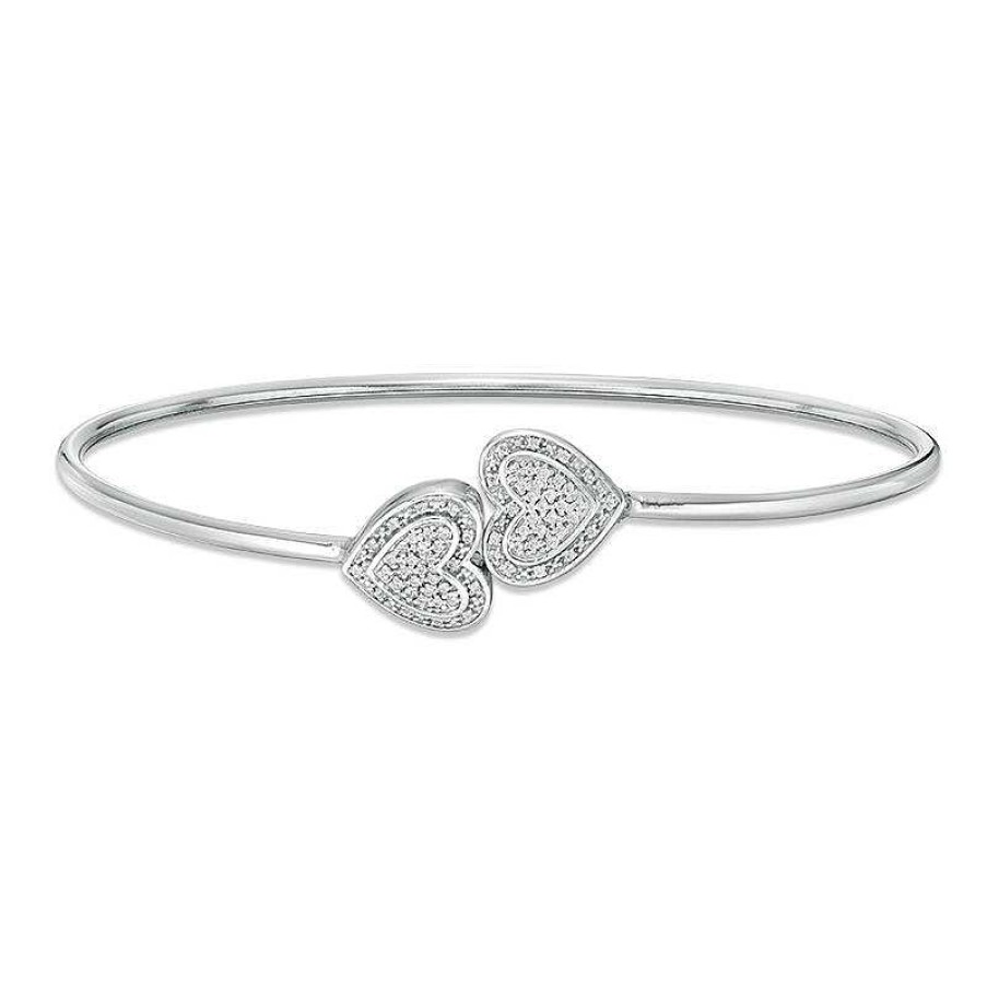 Bracelets Zales | 1/10 Ct. T.W. Diamond Double Sideways Heart Flex Bangle In Sterling Silver