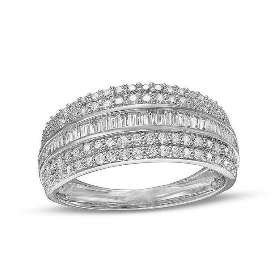 Rings Zales | Previously Owned - 1/2 Ct. T.W. Baguette And Round Diamond Multi-Row Anniversary Band In 10K White Gold