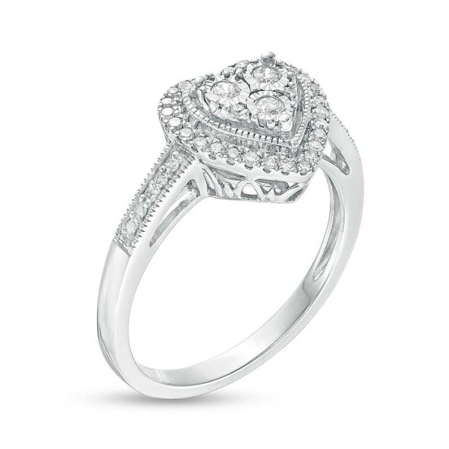 Rings Zales | 1/4 Ct. T.W. Composite Diamond Heart Frame Vintage-Style Ring In Sterling Silver