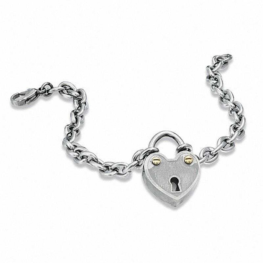 Bracelets Zales | Stainless Steel Heart Lock Bracelet With Yellow Ip Screws - 7.5"