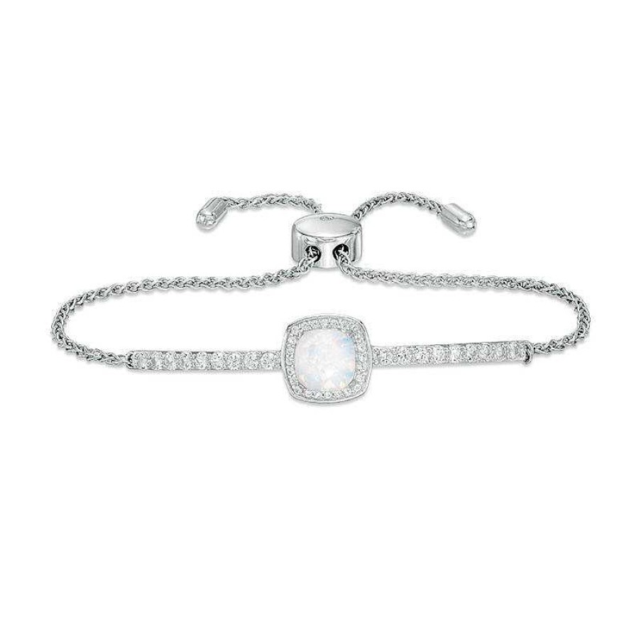 Bracelets Zales | 7.0Mm Cushion-Cut Lab-Created Opal And White Sapphire Frame Bolo Bracelet In Sterling Silver - 9.0"