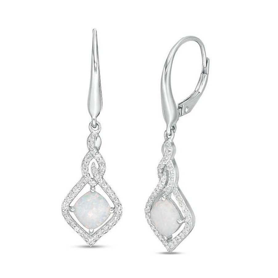 Earrings Zales | 6.0Mm Cushion-Cut Lab-Created Opal And White Sapphire Cascading Open Flame Drop Earrings In Sterling Silver