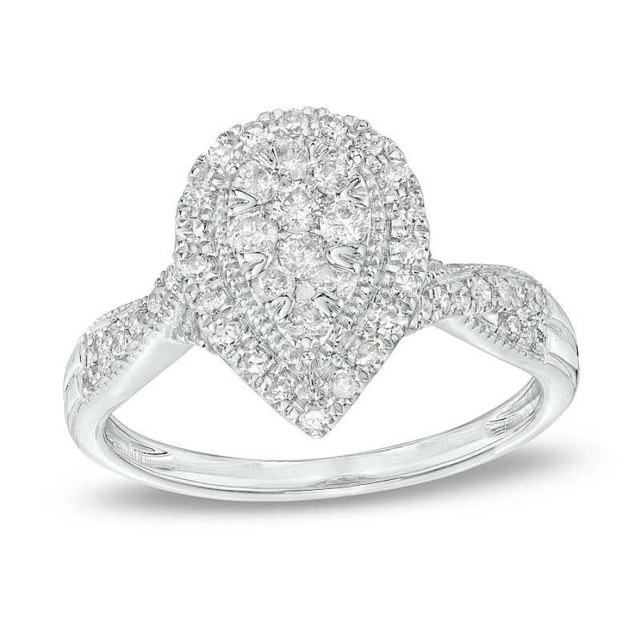 Rings Zales | 1/2 Ct. T.W. Pear-Shaped Multi-Diamond Frame Vintage-Style Twist Shank Engagement Ring In 10K White Gold