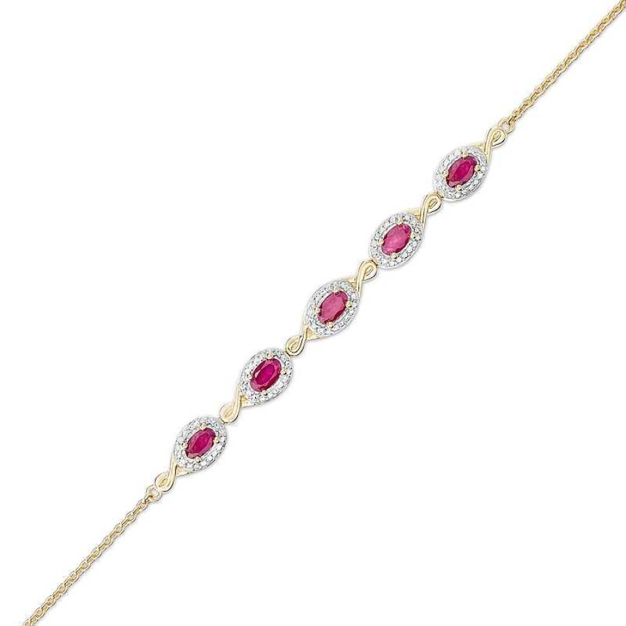 Bracelets Zales | Oval Ruby And Diamond Accent Twist Five Stone Bracelet In 10K Gold – 8.0"