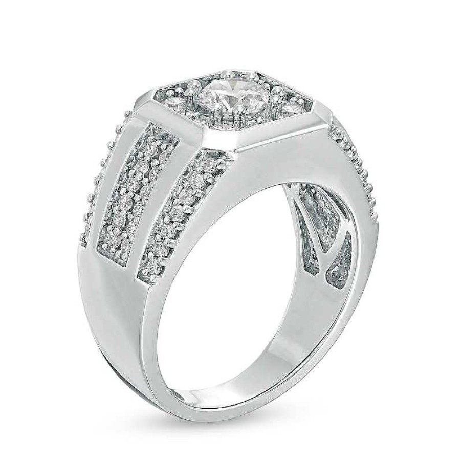 Rings Zales | Men'S 1-3/4 Ct. T.W. Certified Lab-Created Diamond Octagonal Frame Multi-Row Ring In 14K White Gold (F/Si2)