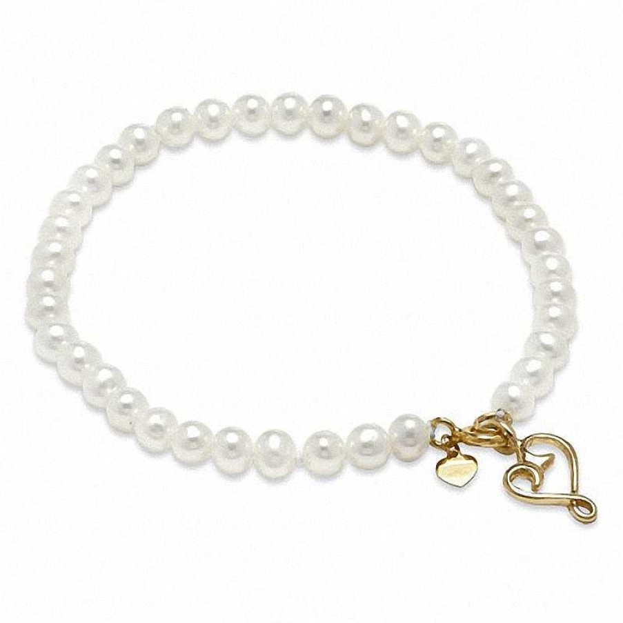 Bracelets Zales | 4.0 - 4.5Mm Cultured Freshwater Pearl Strand Bracelet With 10K Gold Heart Charm And Clasp - 6.0"