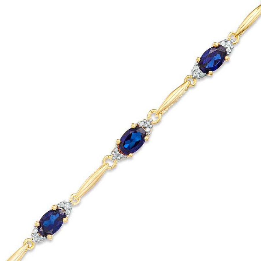 Bracelets Zales | Oval Lab-Created Blue Sapphire And Diamond Accent Bracelet In Sterling Silver And 10K Gold Plate- 7.25"