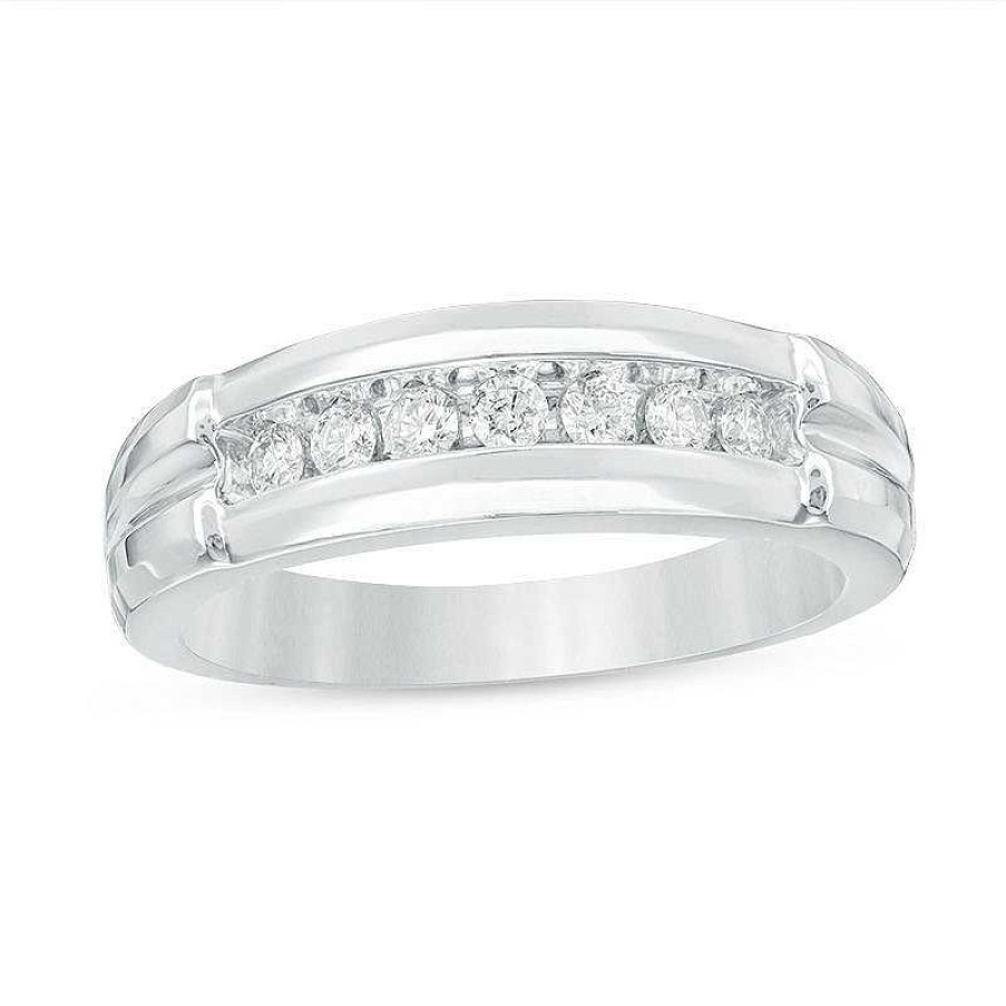 Rings Zales | 3/4 Ct. T.W. Quad Diamond Comfort Fit Wedding Ensemble In 14K White Gold - Size 7 And 10.5