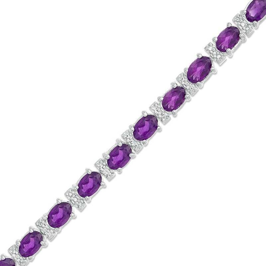 Bracelets Zales | Oval Amethyst And Diamond Accent Tennis Bracelet In Sterling Silver - 7.5"