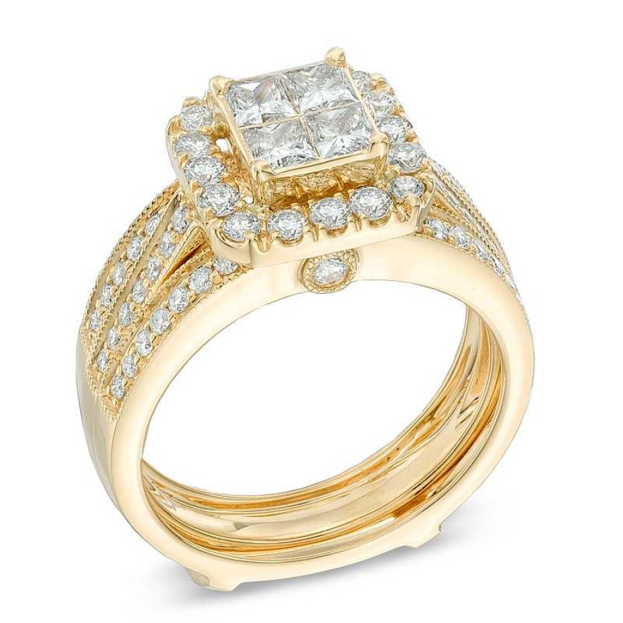 Rings Zales | 1-1/2 Ct. T.W. Quad Princess-Cut Diamond Frame Bridal Set In 14K Gold