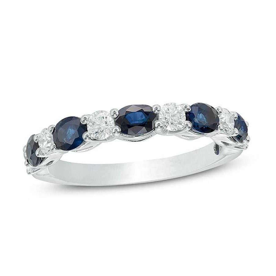 Rings Zales | Vera Wang Love Collection Oval Blue Sapphire And 3/8 Ct. T.W. Diamond Alternating Band In 14K White Gold