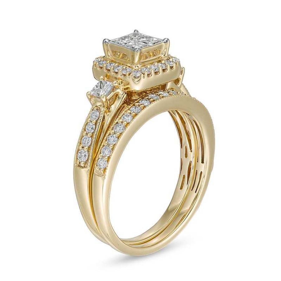 Rings Zales | 1 Ct. T.W. Princess-Cut Quad Diamond Cushion-Shaped Frame Vintage-Style Bridal Set In 10K Gold