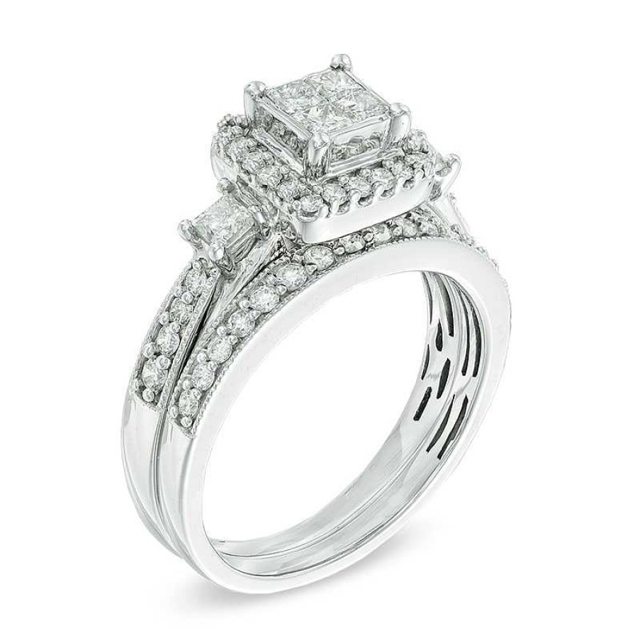 Rings Zales | 1 Ct. T.W. Quad Princess-Cut Diamond Bridal Set In 10K White Gold