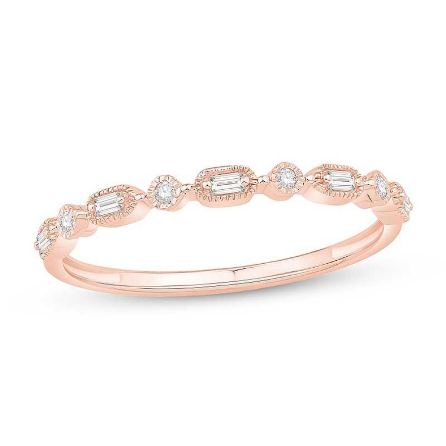 Rings Zales | 1/15 Ct. T.W. Baguette And Round Diamond Vintage-Style Stackable Band In 10K Rose Gold