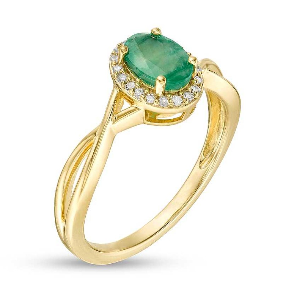 Rings Zales | Oval Emerald And 1/15 Ct. T.W. Diamond Frame Twist Shank Ring In 10K Gold