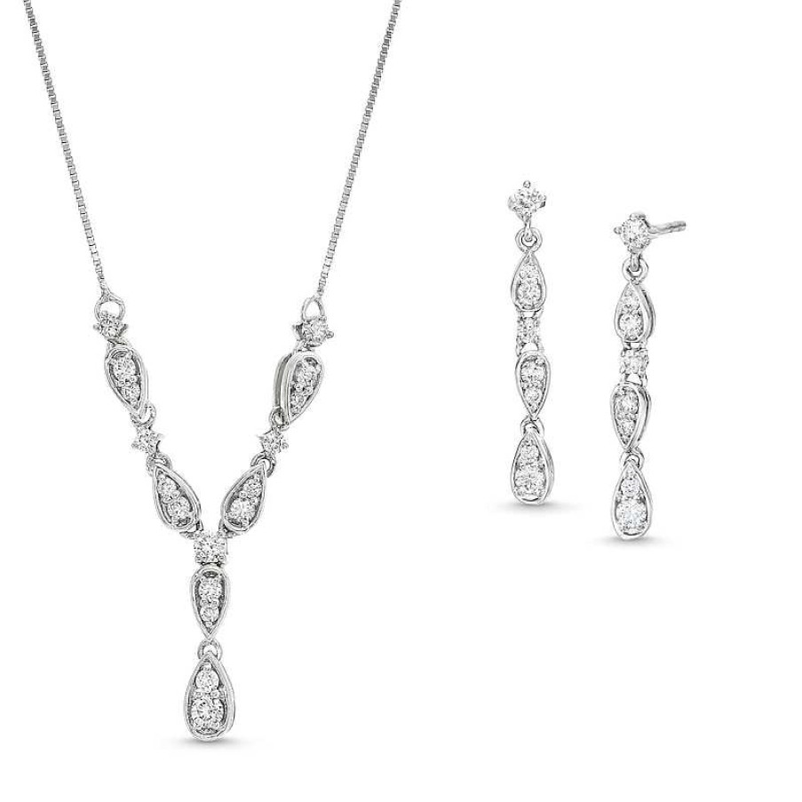 Earrings Zales | Zales X Rocksbox 1/2 Ct. T.W. Lab-Created Diamond Y-Necklace And Earrings Set In 10K White Gold