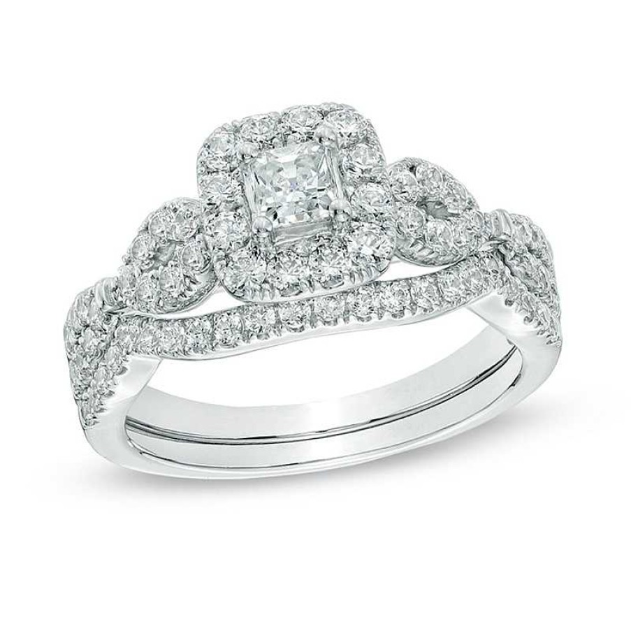 Rings Zales | 1 Ct. T.W. Princess-Cut Diamond Frame Twist Bridal Set In 14K White Gold