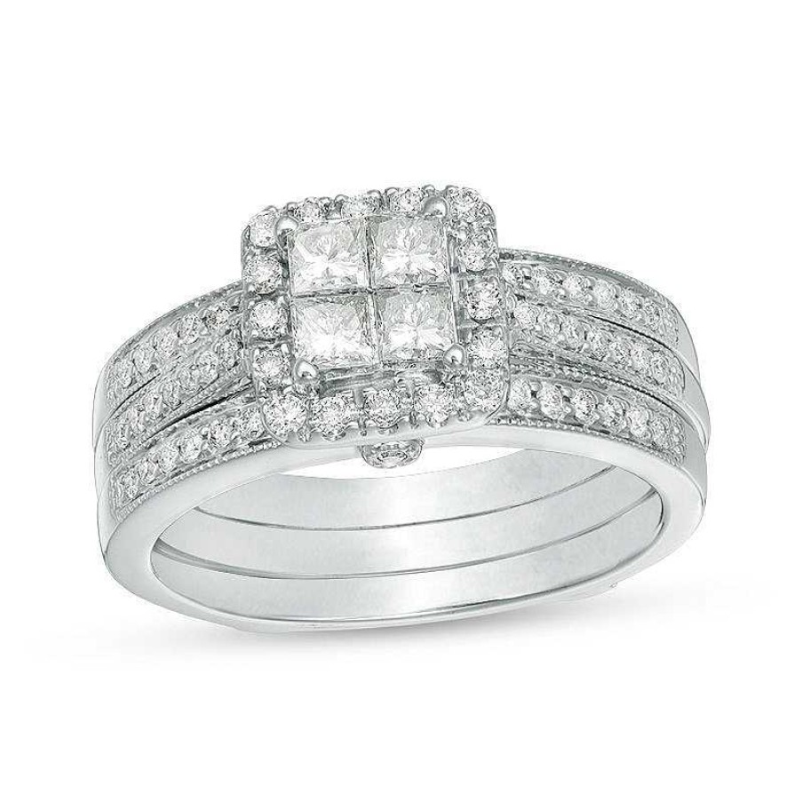 Rings Zales | 3/4 Ct. T.W. Quad Princess-Cut Diamond Frame Vintage-Style Bridal Set In 10K White Gold - Size 7