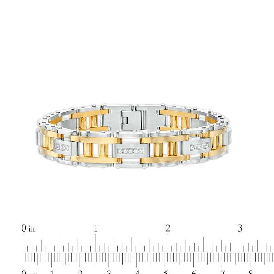 Bracelets Zales | Men'S 1/2 Ct. T.W. Diamond Double Column Brushed Link Bracelet In Stainless Steel With Yellow Ion Plate – 8.62"