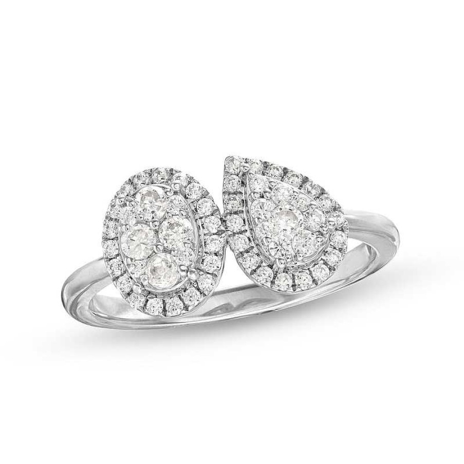 Rings Zales | 1/2 Ct. T.W. Pear And Oval Multi-Diamond Frame Two Stone Ring In 10K White Gold