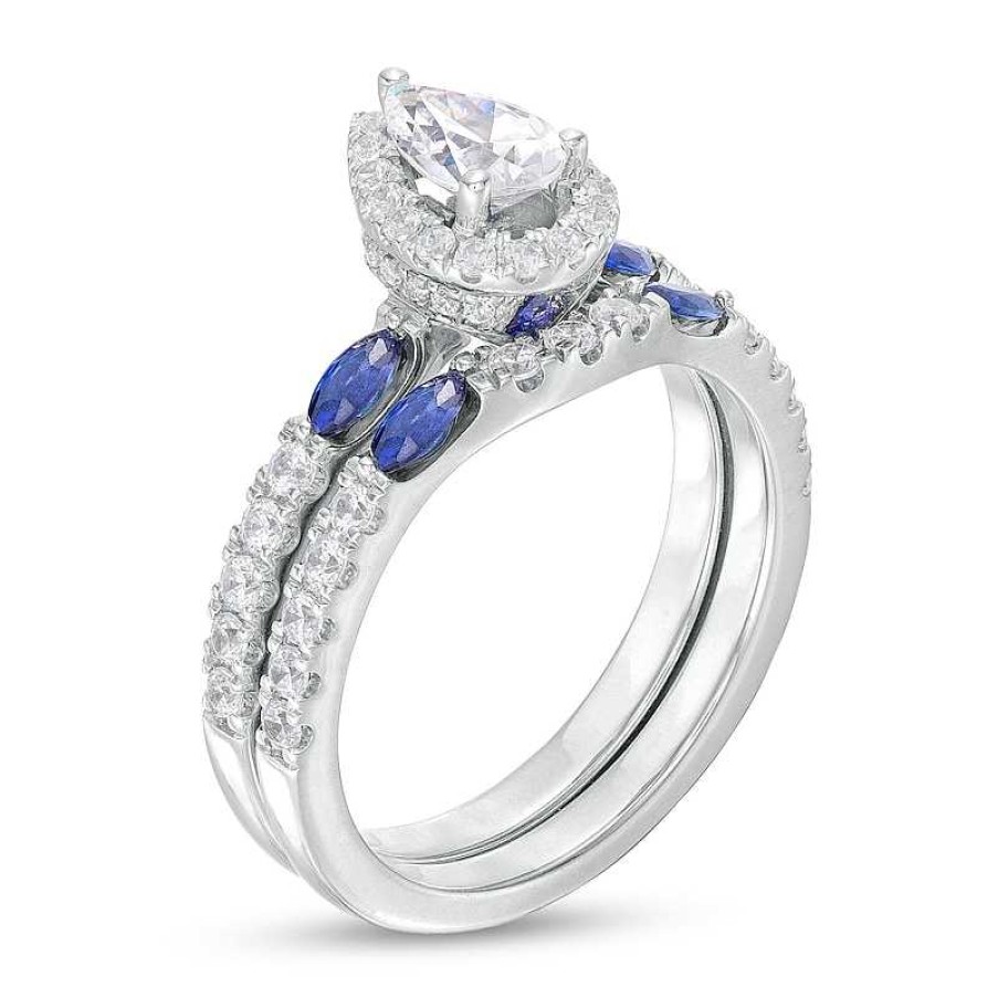 Rings Zales | Vera Wang Love Collection 1 Ct. T.W. Pear-Shaped Diamond And Marquise Blue Sapphire Bridal Set In 14K White Gold