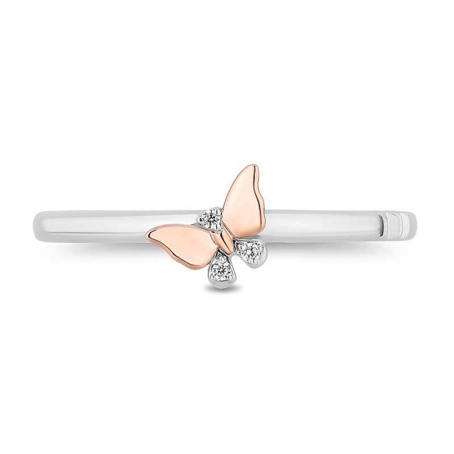 Rings Zales | Enchanted Disney Mulan 1/10 Ct. T.W. Diamond Butterflies Stacked Ring Set In Sterling Silver And 10K Rose Gold