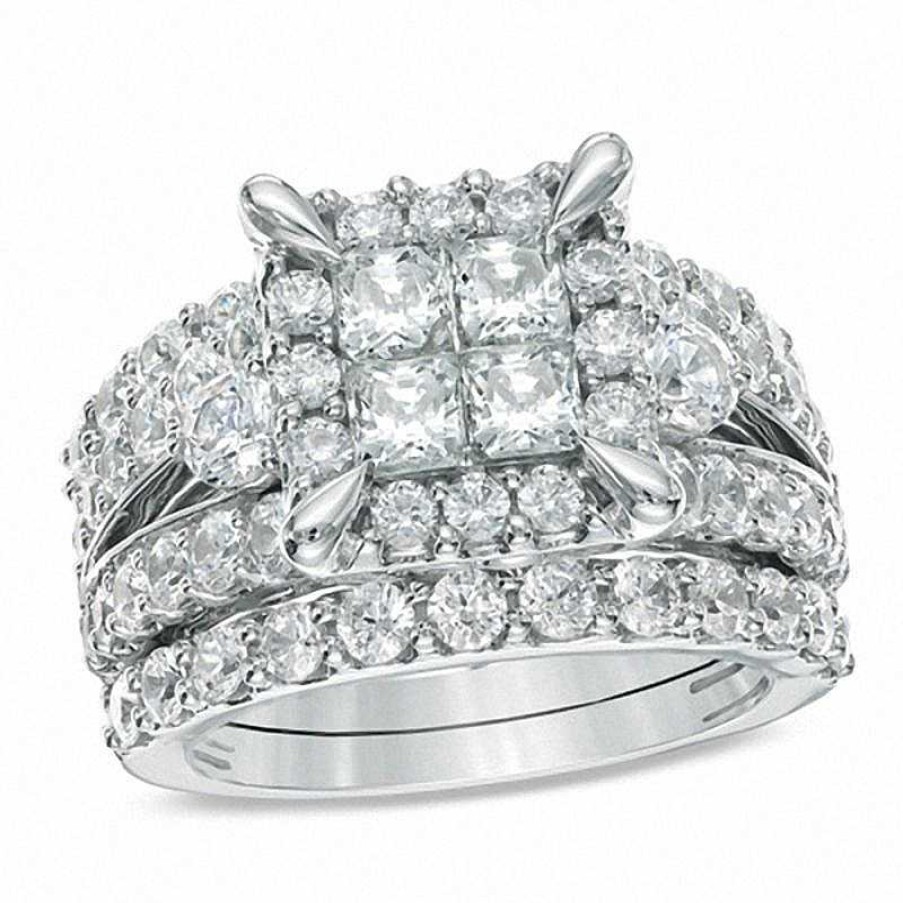 Rings Zales | 4 Ct. T.W. Quad Princess-Cut Diamond Frame Three Piece Bridal Set In 14K White Gold