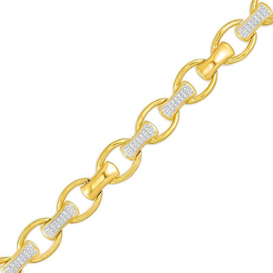 Bracelets Zales | Men'S 1/3 Ct. T.W. Diamond Open Oval And Bamboo Link Bracelet In 10K Gold - 8.5"