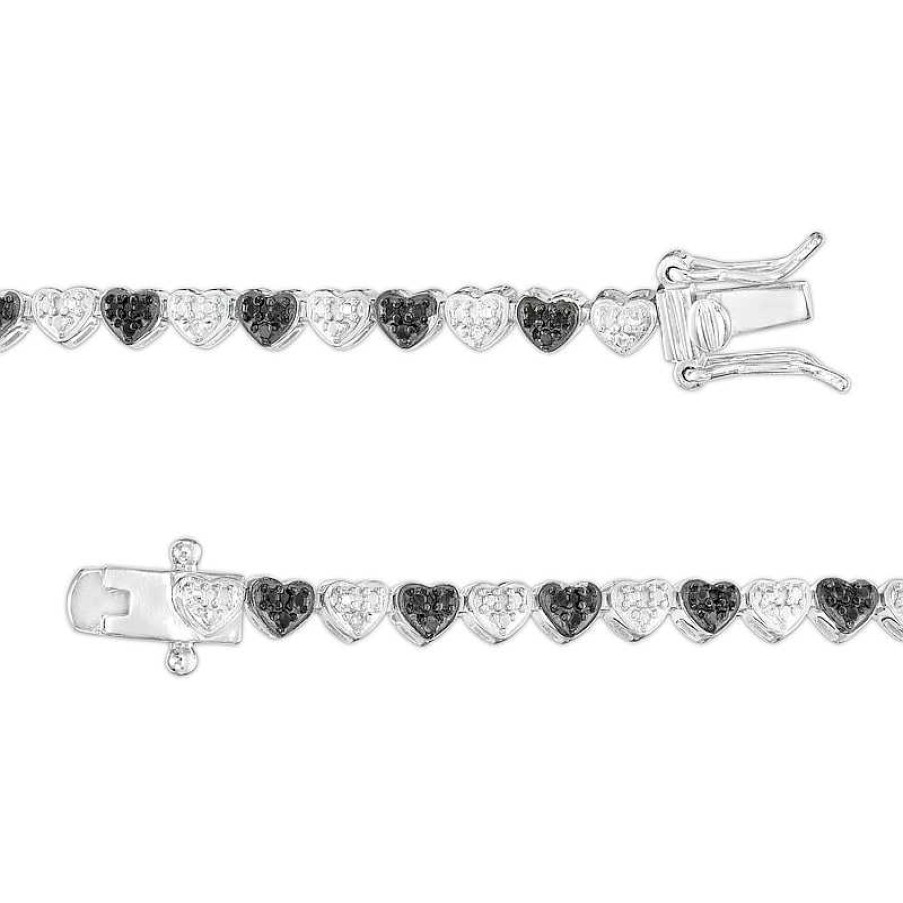 Bracelets Zales | 1/10 Ct. T.W. Black And White Diamond Beaded Alternating Hearts Bracelet In Sterling Silver And Black Resin - 7.25"