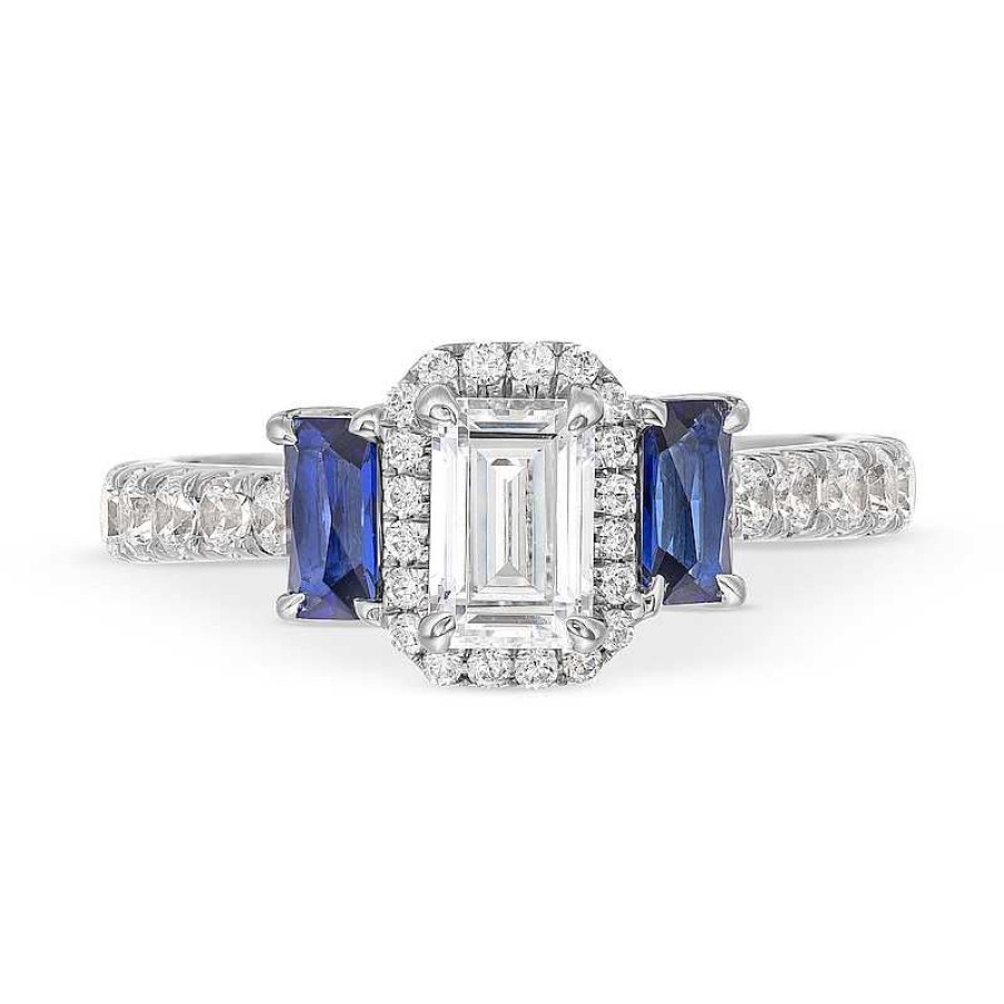 Rings Zales | Vera Wang Love Collection 1-1/4 Ct. T.W. Emerald-Cut Diamond And Sapphire Three Stone Engagement Ring In 14K White Gold