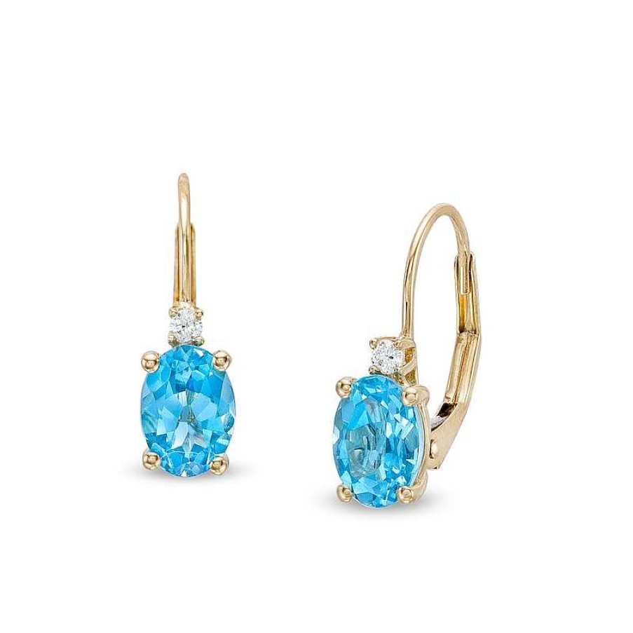 Earrings Zales | Oval Swiss Blue Topaz And 1/20 Ct. T.W. Diamond Drop Earrings In 10K Gold