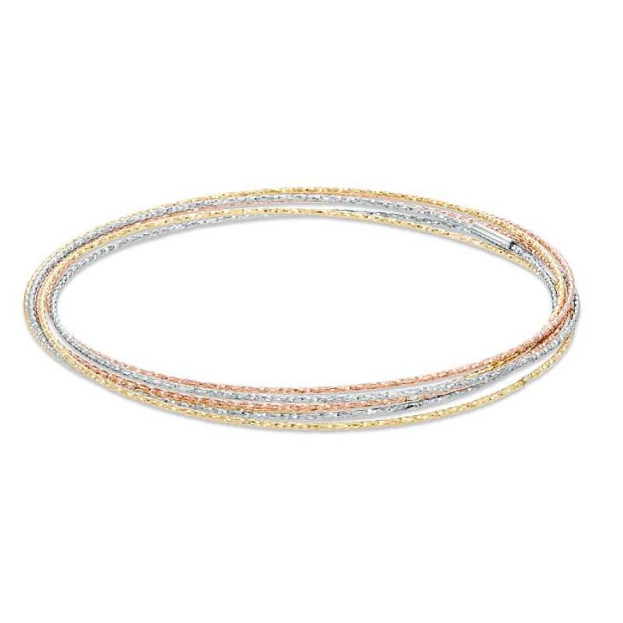 Bracelets Zales | Diamond-Cut Six Piece Stacked Bangle Set In Sterling Silver And 14K Tri-Tone Gold Plate - 7.5"