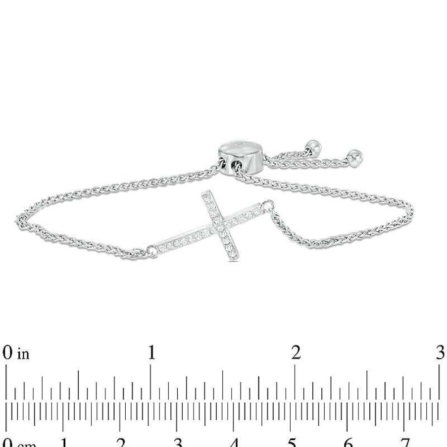 Bracelets Zales | Lab-Created White Sapphire Sideways Cross Bolo Bracelet In Sterling Silver - 9.0"