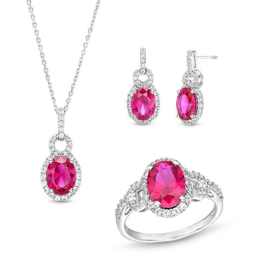 Earrings Zales | Oval Lab-Created Ruby And White Lab-Created Sapphire Doorknocker Ring, Pendant And Drop Earrings Set In Sterling Silver