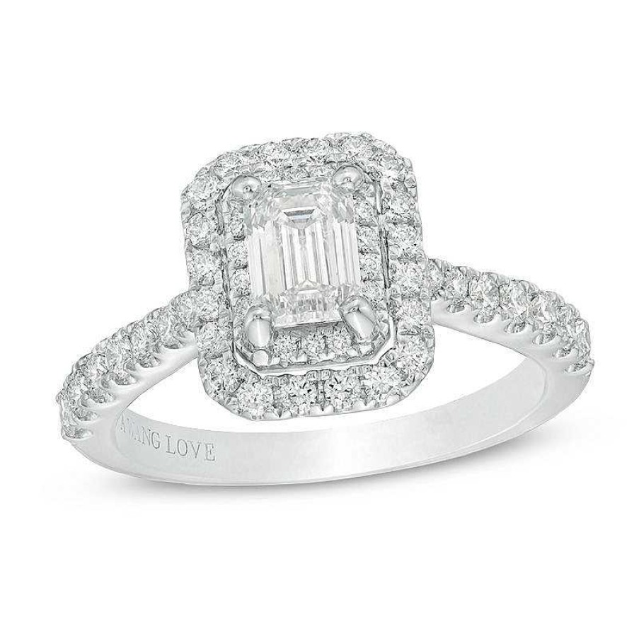 Rings Zales | Vera Wang Love Collection 1-1/3 Ct. T.W. Emerald-Cut Diamond Double Frame Engagement Ring In 14K White Gold