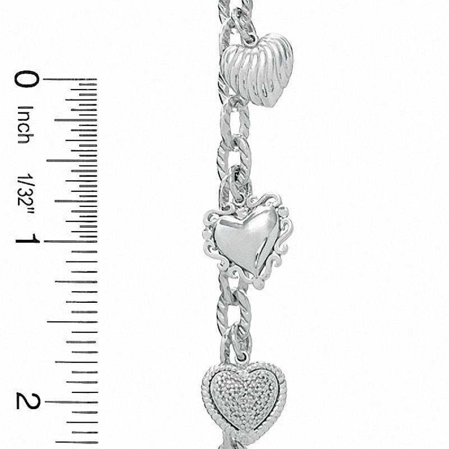 Bracelets Zales | 1/5 Ct. T.W. Diamond Heart Assorted Charm Bracelet In Sterling Silver