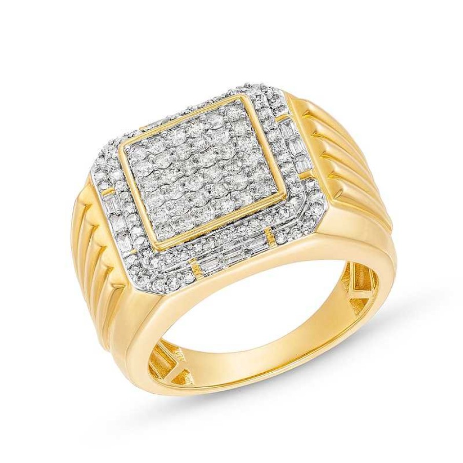 Rings Zales | Men'S 1 Ct. T.W. Square Multi-Diamond Cushion Frame Ring In 10K Gold