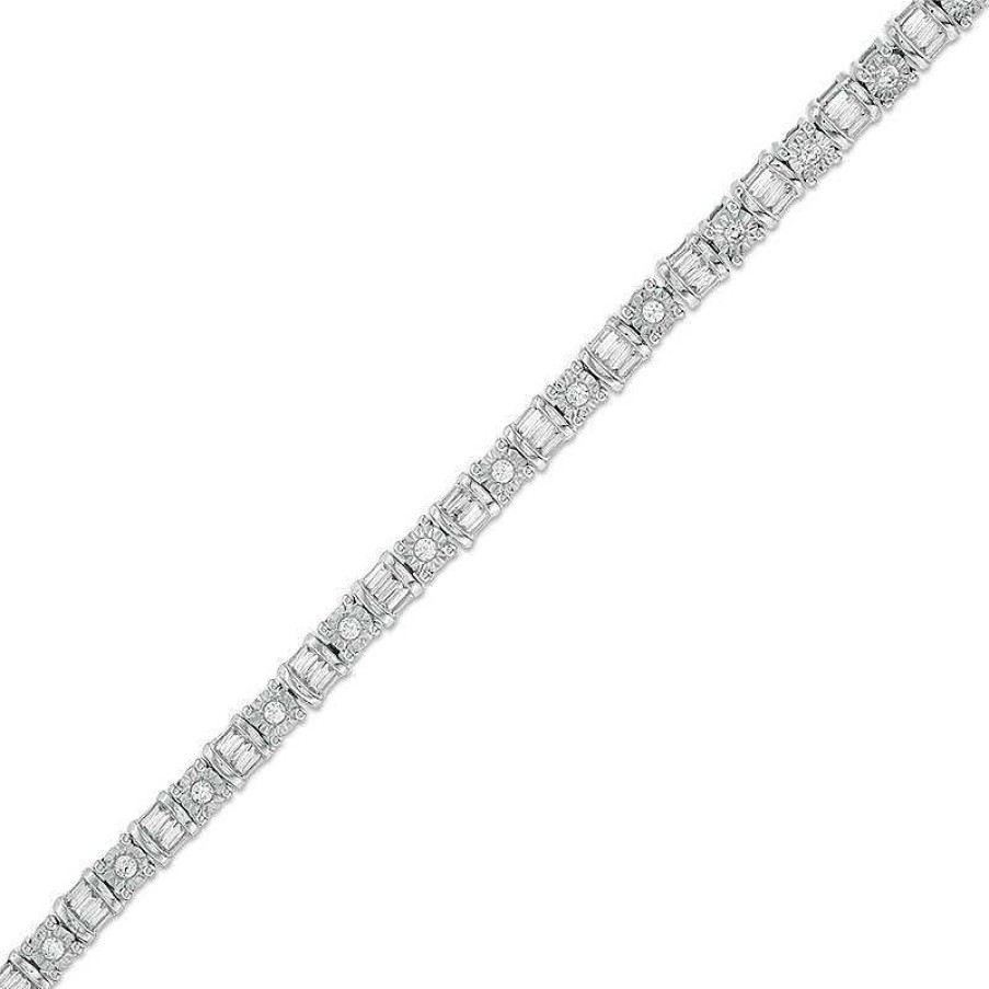 Bracelets Zales | 1 Ct. T.W. Baguette And Round Diamond Tennis Bracelet In 10K White Gold