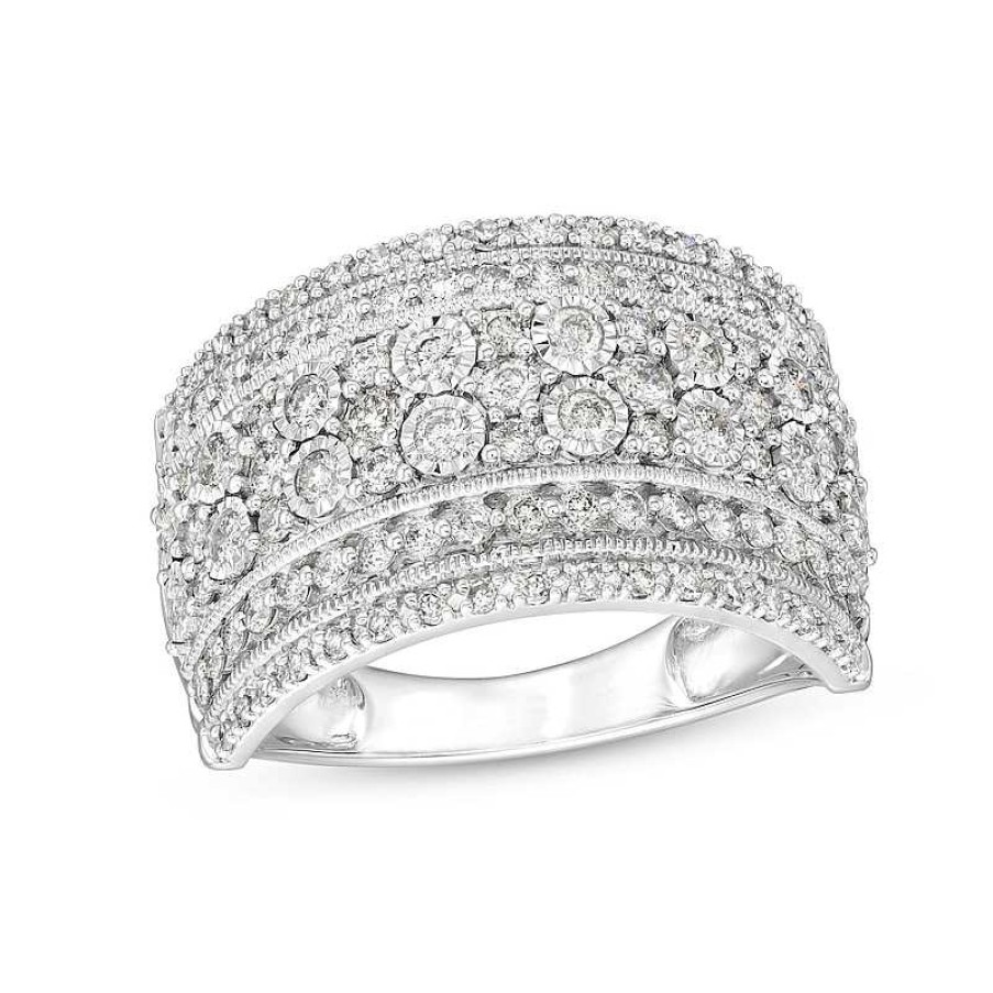 Rings Zales | 1 Ct. T.W. Diamond Edge Raised Multi-Row Vintage-Style Band In 10K White Gold