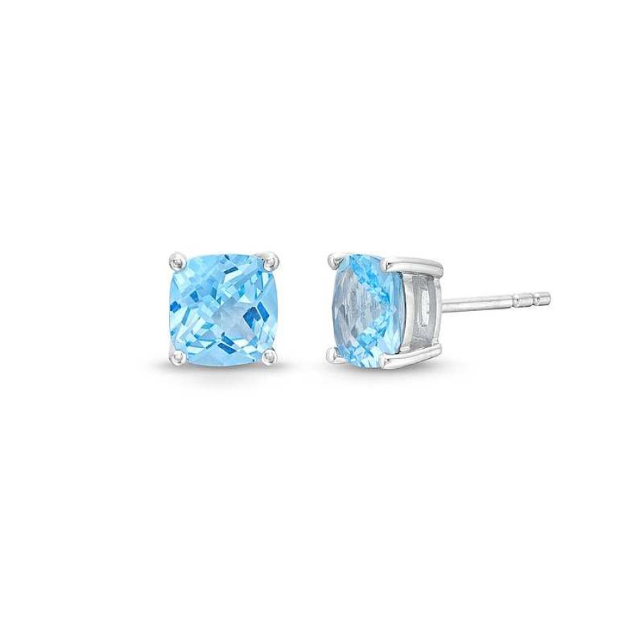 Earrings Zales | 7.0Mm Faceted Cushion-Cut Blue Lab-Created Spinel Stud Earrings In Sterling Silver