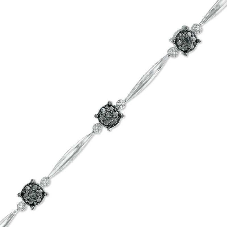 Bracelets Zales | Black Diamond Accent Cluster Station Bar Bracelet In Sterling Silver - 7.25"