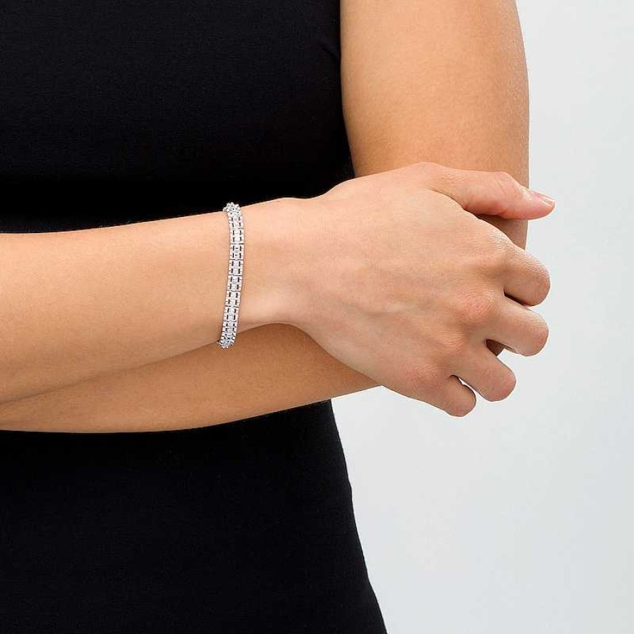 Bracelets Zales | 1/10 Ct. T.W. Diamond Triple-Row Link Bracelet In Sterling Silver - 7.25"